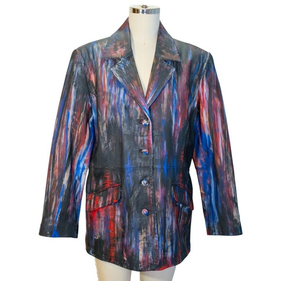 Up-cycled Terrry Lewis Leather Jacket Size LG - Hand Painted by Skye De La Rosa - Picture 3 of 8